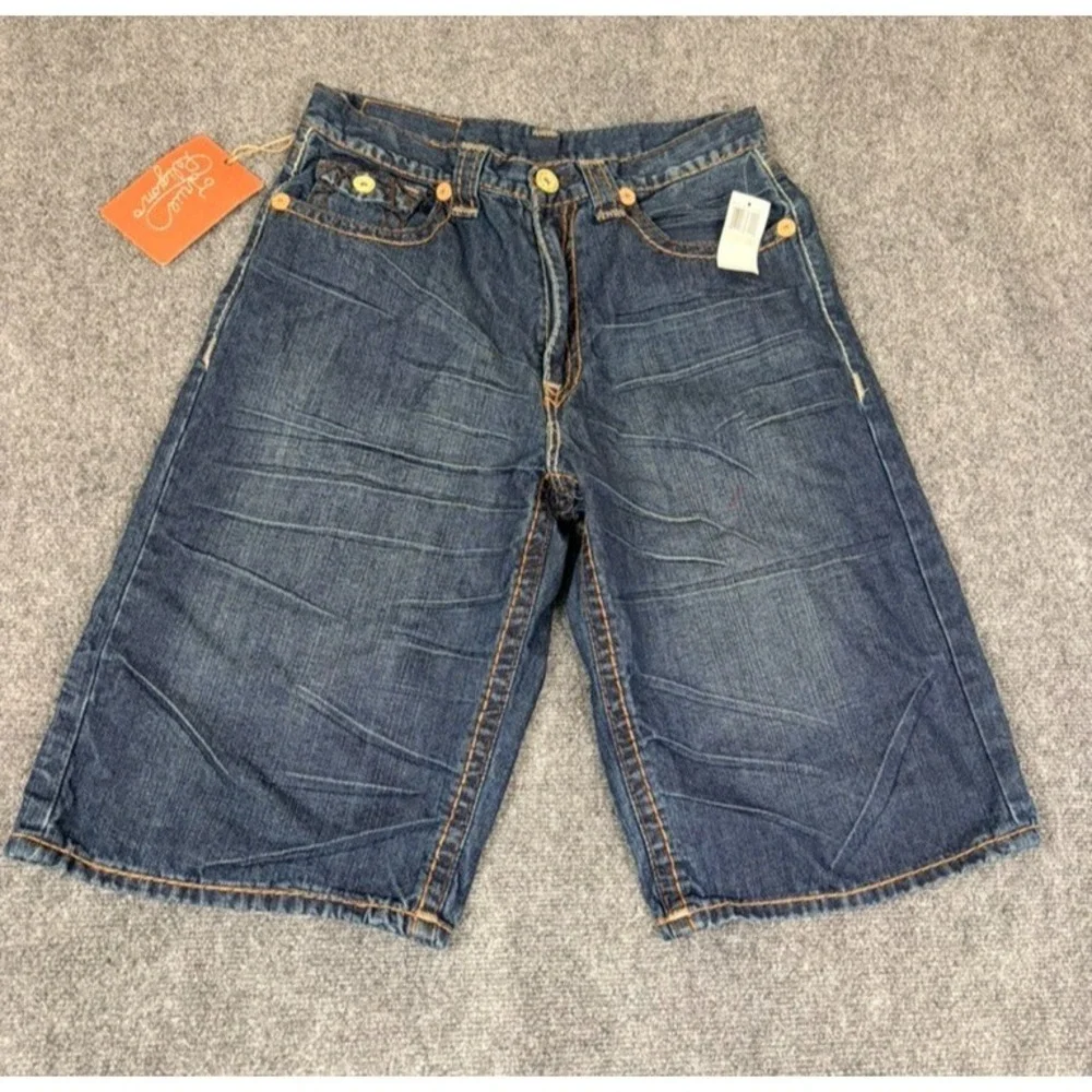 NWT True Religion Men's Blue Denim Cut Off Shorts Dark Wash Mid Rise‎ Baggy 36